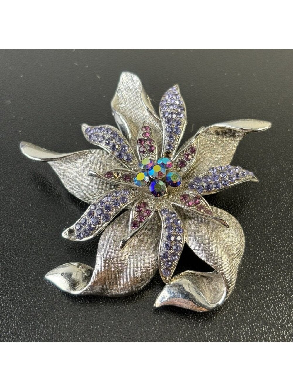 Vintage Silver Toned Flower Brooch Textured Petals Purple Rhinestones 2.5" Tall